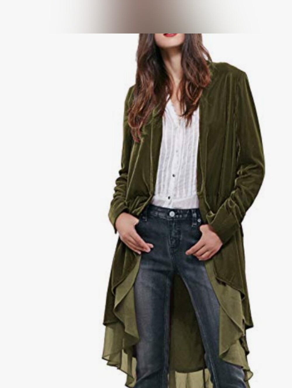 💎 R.Vivimos Women's Ruffled Asymmetric Long Velvet Cardigan